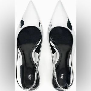 Zara, Size 6.5/37, Silver metallic kitten slingback heels